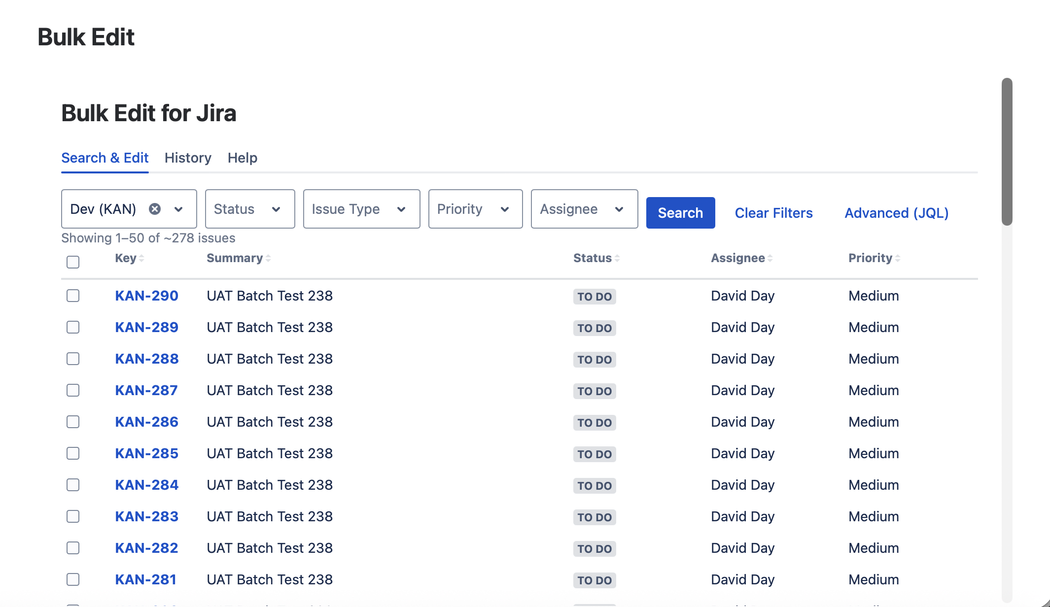 Jira Bulk Edit dashboard screenshot