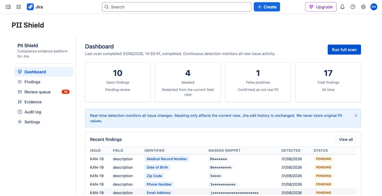 PII Shield evidence dashboard screenshot